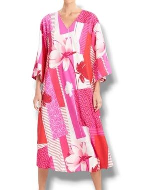 Nartori Kabuki Pink Floral-Print Pullover Caftan - Size Large